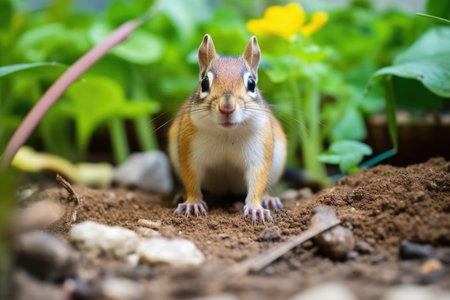 a chipmunk with cheeks full of seeds in a garden, created with generative aiの素材