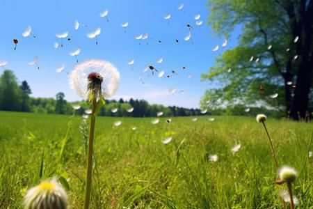 a gust of wind lifting dandelion seeds airborne, created with generative aiの素材