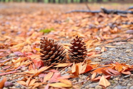 pine cones on the ground shedding seeds, created with generative aiの素材