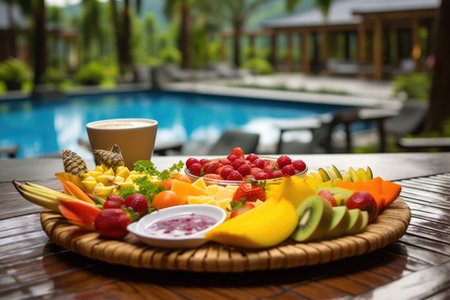 fruit platter on a table next to a hot spring, created with generative aiの素材