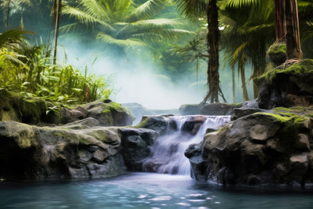 hot spring with cascading waterfall in background, created with generative aiの素材