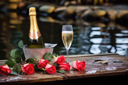 champagne bottle and roses by a hot spring, created with generative aiの素材