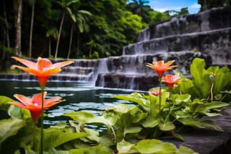 tropical flowers near a hot spring on a volcanic ground, created with generative aiの素材