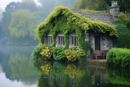 stone cottage with ivy by a misty lake, created with generative aiの素材