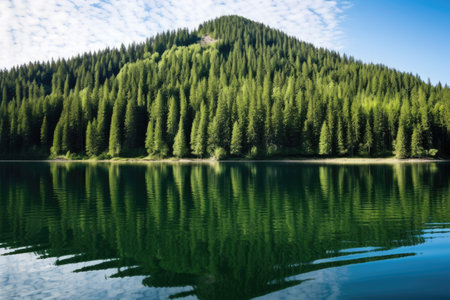 forested hill dropping into a calm lake, created with generative aiの素材