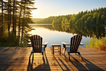 a deck with chairs facing a shimmering lake, created with generative aiの素材