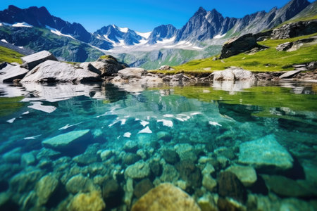 mountain reflections on a crystal-clear lake, created with generative aiの素材