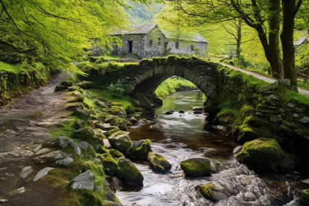 a stone bridge crossing a stream in a mountain hamlet, created with generative aiの素材
