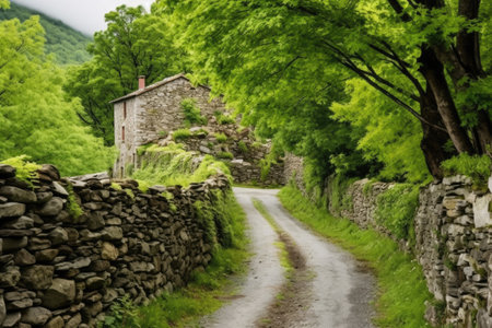 a narrow path lined with stone walls in a mountain hamlet, created with generative aiの素材