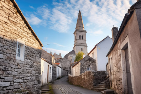 a whitewashed church steeple standing tall among stone houses, created with generative aiの素材