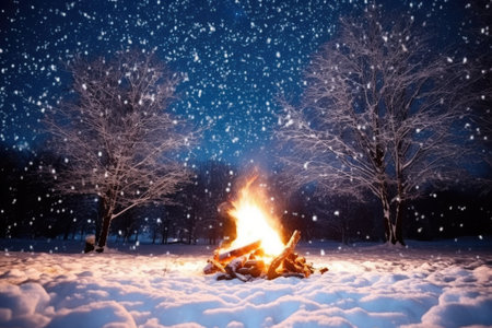 bonfire glowing under snowflakes fall, created with generative aiの素材