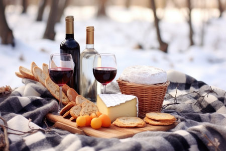 winter picnic setup with wine and cheese, created with generative aiの素材