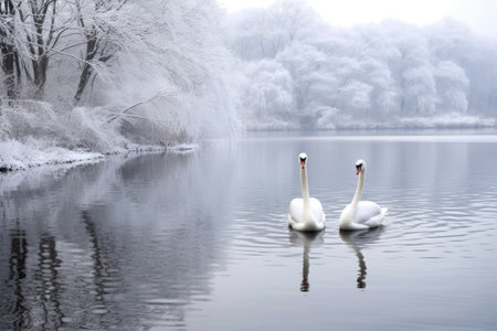 snowy lake with two swans swimming, created with generative aiの素材