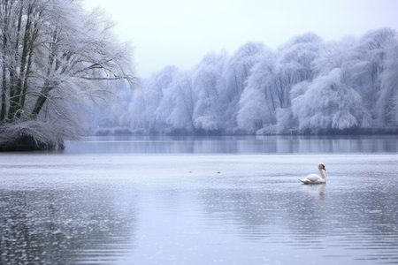 snowy lake with two swans swimming, created with generative aiの素材