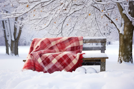 snowy bench with two plush blankets, created with generative aiの素材