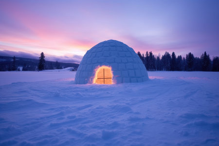 glowing igloo at dusk in a snow field, created with generative aiの素材