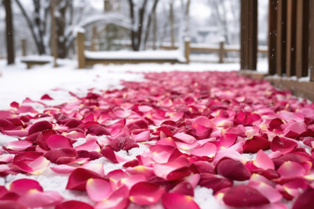 rose petals on snowy ground spread out, created with generative aiの素材