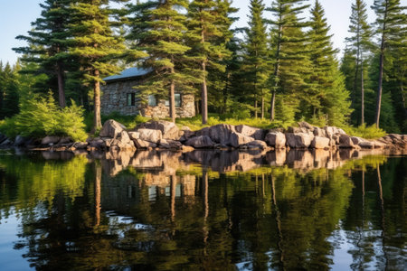 lakeside stone cabin amidst dense pine trees, created with generative aiの素材