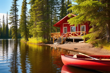 lakeside cabin with a red canoe at its dock, created with generative aiの素材