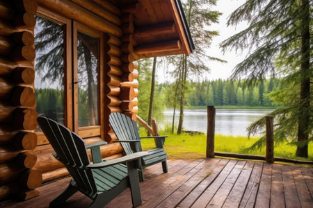 detail shot of a rustic log cabins porch by the lake, created with generative aiの素材