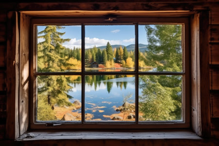 lake view from the window of a wooden cabin, created with generative aiの素材