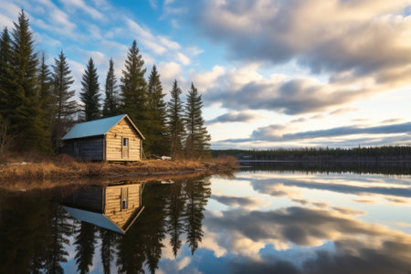 sky reflected in a lake with a rustic cabin on its shore, created with generative aiの素材