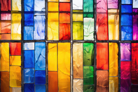 vibrantly colored stained glass panels in daylight, created with generative aiの素材