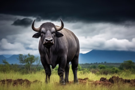 african buffalo standing alone against a stormy sky, created with generative aiの素材