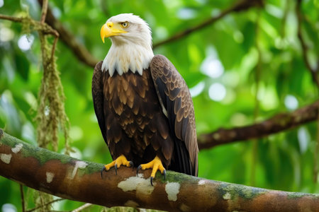 an eagle perched on a tree branch, scanning for prey, created with generative aiの素材