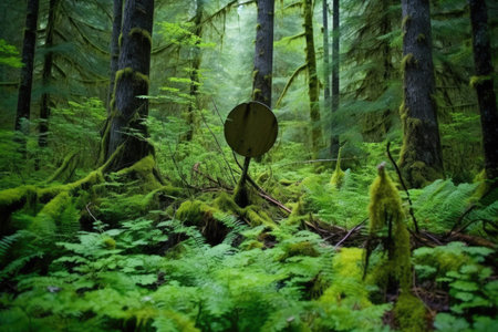 a no camping sign set in a dense forest area, created with generative aiの素材