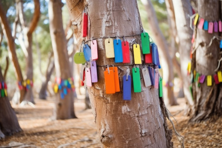 close-up of colorful reserve tags on tree trunks, created with generative aiの素材