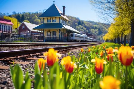 a quaint train station amidst spring flowers, created with generative aiの素材