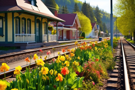 a quaint train station amidst spring flowers, created with generative aiの素材