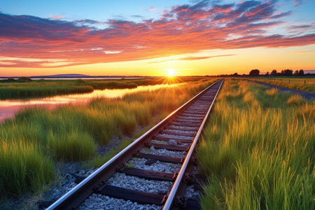 a railway set against a vibrant sunset over a marshland, created with generative aiの素材