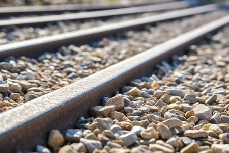 close-up of a railway track detail with grit stones, created with generative aiの素材