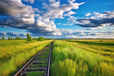 rainbow over an isolated railway line in grassland, created with generative aiの素材