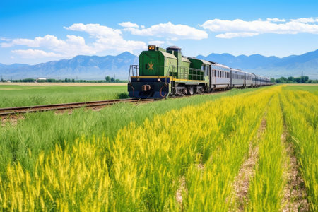 old train engine approaching vast grass fields, created with generative aiの素材