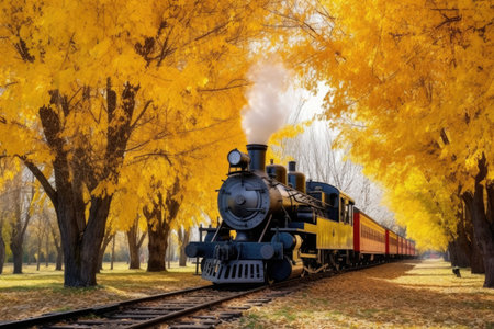 historic locomotive chugging by autumn trees, created with generative aiの素材
