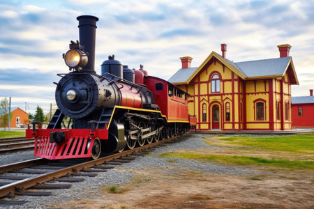 historic train station with an old locomotive, created with generative aiの素材