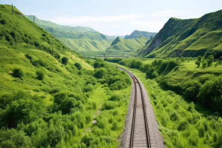 green valley with railway line running through middle, created with generative aiの素材