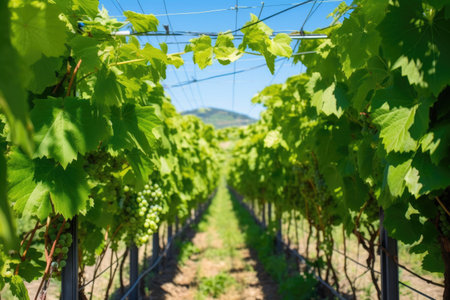 grape vines grow vertically on a modern trellis system, created with generative aiの素材