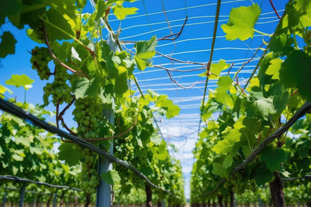 grape vines grow vertically on a modern trellis system, created with generative aiの素材
