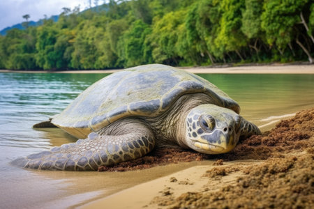 giant sea turtle resting on a secluded shoreline, created with generative aiの素材