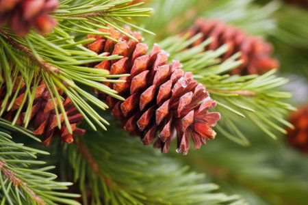 close up of cones on a pine tree in winter, created with generative aiの素材