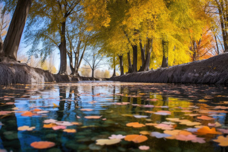 fallen autumn leaves on a serene pond, created with generative aiの素材
