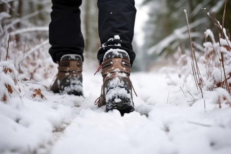 winter boots stepping on a snowy path, created with generative aiの素材