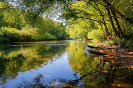 canoe by a calm river in a nature reserve, created with generative aiの素材