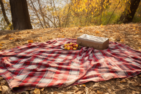 picnic blanket spread under autumn leaves, created with generative aiの素材