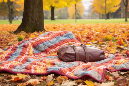 picnic blanket spread under autumn leaves, created with generative aiの素材