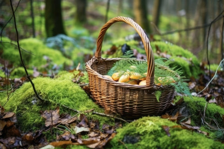 close-up of mushroom picking basket in a forest, created with generative aiの素材
